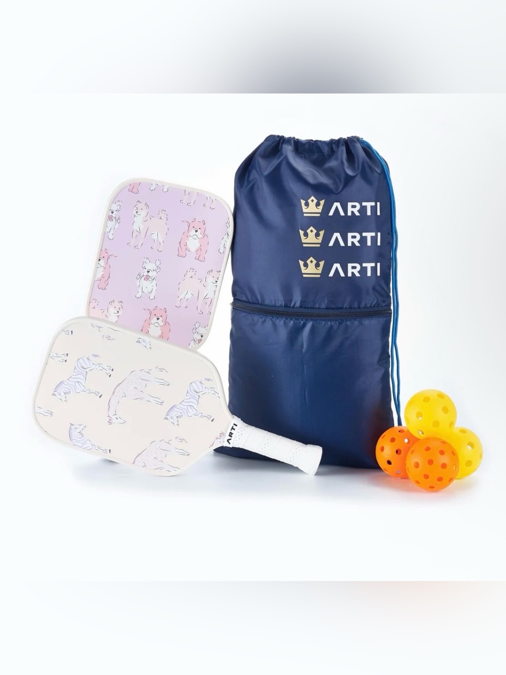ARTI Pickleball Set with Navy Drawstring Bag - Pink & Cream Paddles